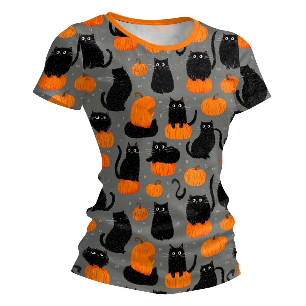 Women's Halloween Printed T-Shirt Short Sleeve Neck Loose Fit Pullover Top