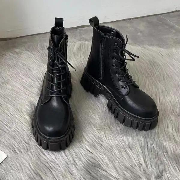 Zipper Women's Leather Boots Winter Footwear Autumn Shoes Lace Up Boots-Women Round Toe 2025 Med Elegant Rubber Rock Ankle