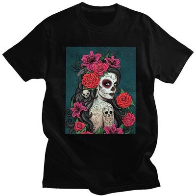 Individuelle Mexikanische Catrina Zuckerschädel Dame T-Shirts für Herren Kurzarm Lässiges T-Shirt T-Shirt Reine Baumwolle Shirt Geschenk