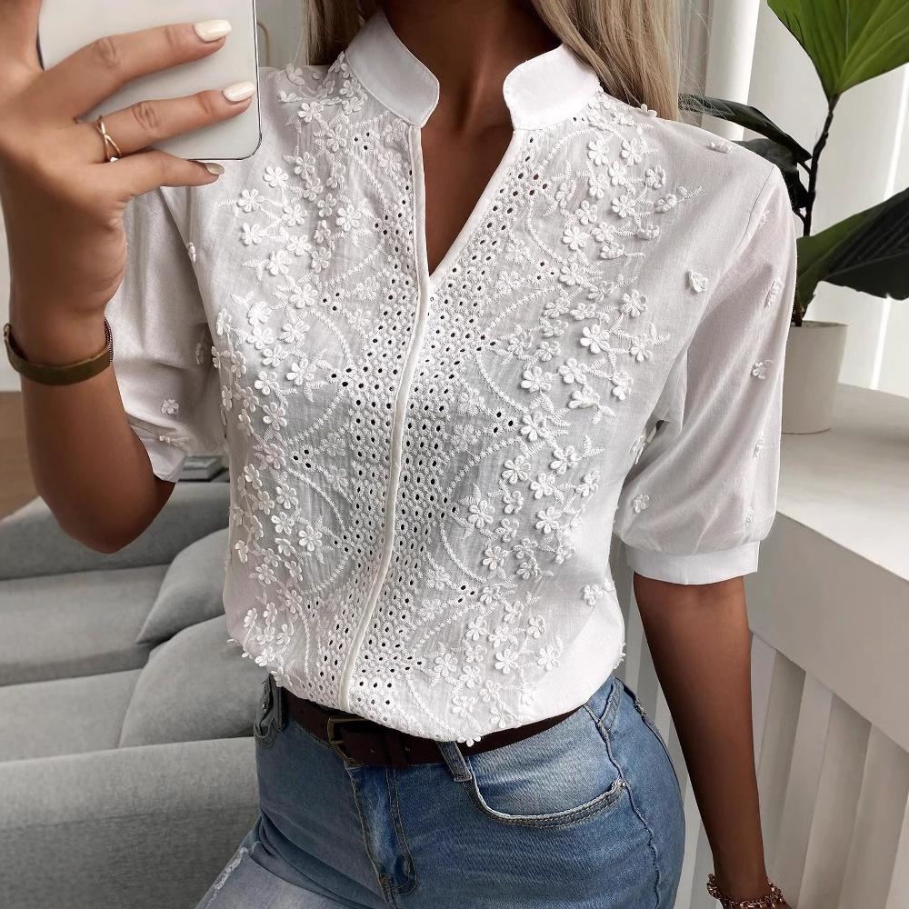 

Весенняя вышивка женская блузка модная летняя V-образный вырез рукав-фонарик белая рубашка женская винтажная хлопковая ажурная топы M белый