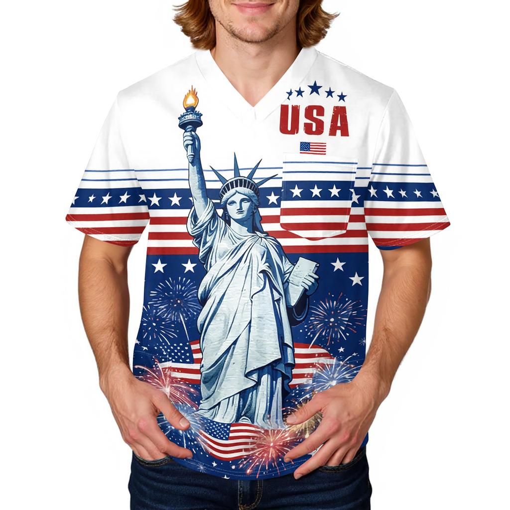 Men's Short Sleeve V Neck Medical Scrub Top with Pocket Independence Day Star Print Workwear Shirt for Healthcare Professionals