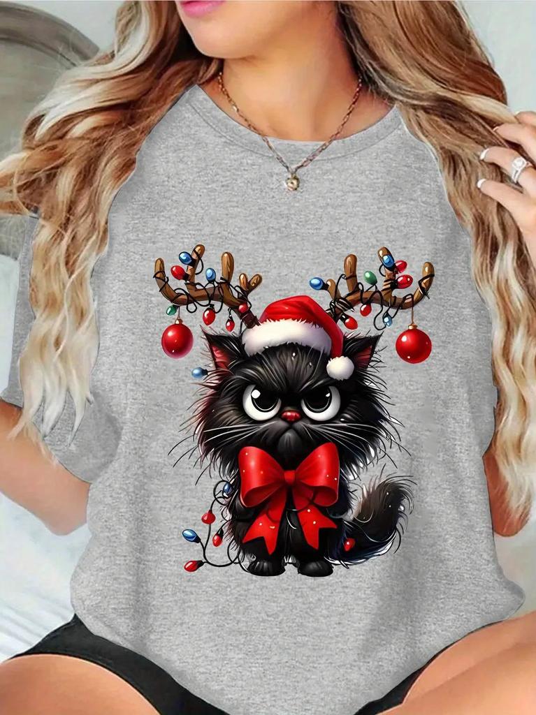 Ladies' Christmas Cat T-shirt Adorable with A Christmas Hat and Antlers Perfect for Holiday Parties Harajuku Short Sleeve Casual