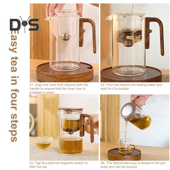 Szklany czajniczek z oddzieleniem wody, drewnianym uchwytem, szklany czajniczek z zaparzaczem, dzióbek zapobiegający kapaniu, Dzbanek do parzenia herbaty