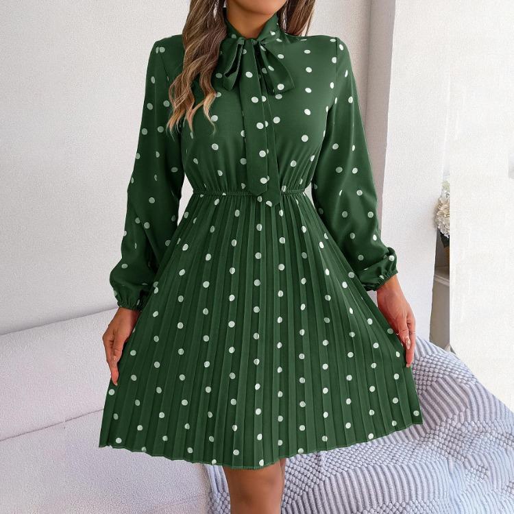 High Waist Women's Long Sleeve Dress Lace Up Pleated Dot Temperament Autumn Winter