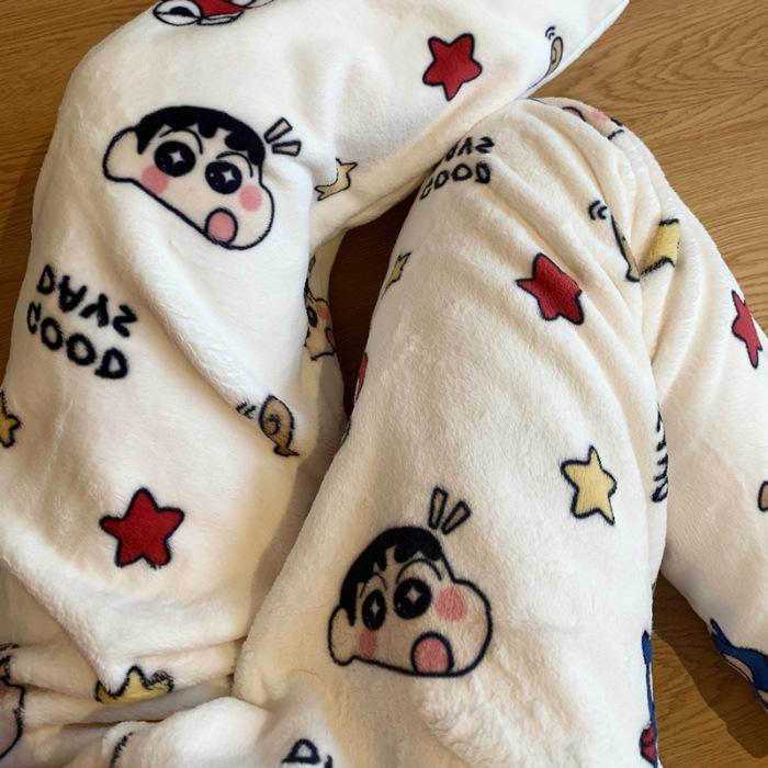 Korean Style Women's Fleece Pajama Pants - Flannel Cartoon Design for Autumn and Winter