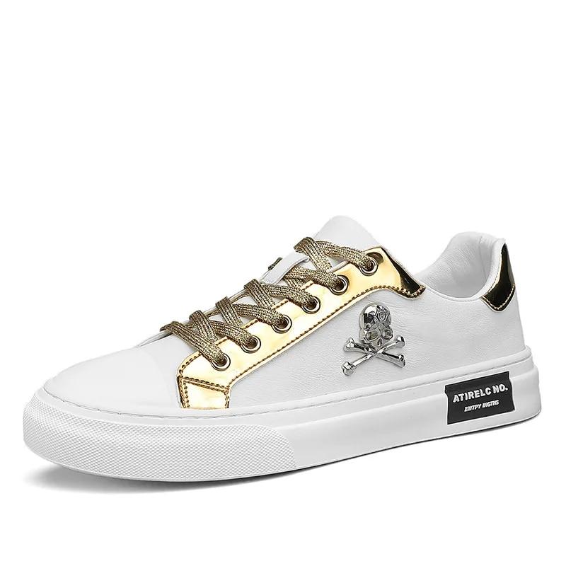 Новая летняя мужская повседневная спортивная обувь, кожаная маленькая белая обувь с верхом черепа, мужская спортивная обувь, однотонная мужская обувь на плоском каблуке 39