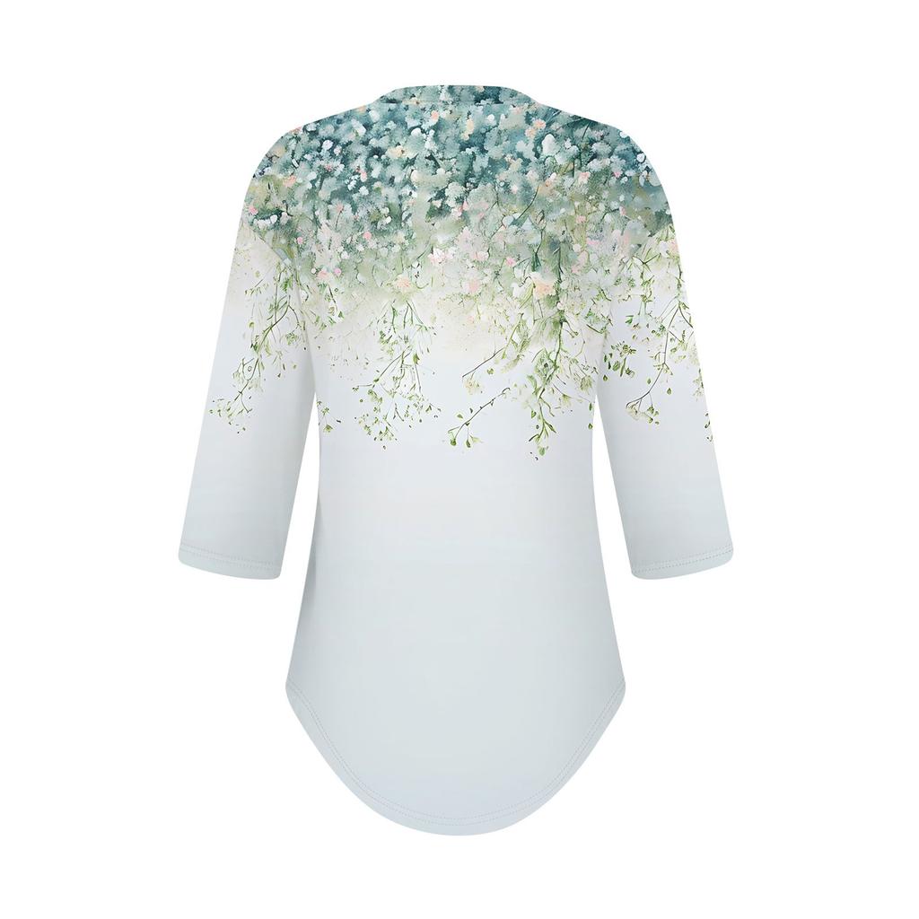 3/4 Length Sleeve Womens Tops Summer T-Shirts Floral Print V Neck Casual Basic Tee Button Shirts Tunic Tops
