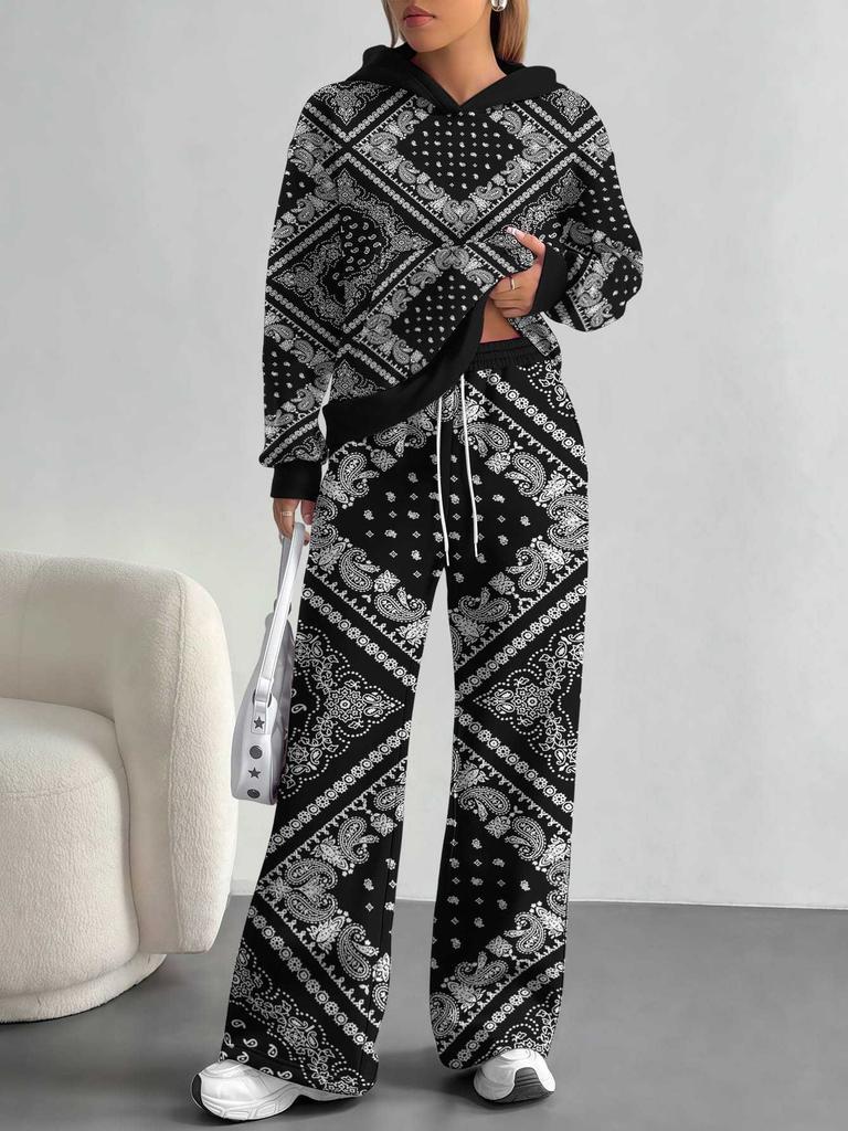 Retro Pattern European And American Autumn And Winter Casual Long-Sleeved Suit Women'S Hooded Sweater Trousers Two-Piece Set
