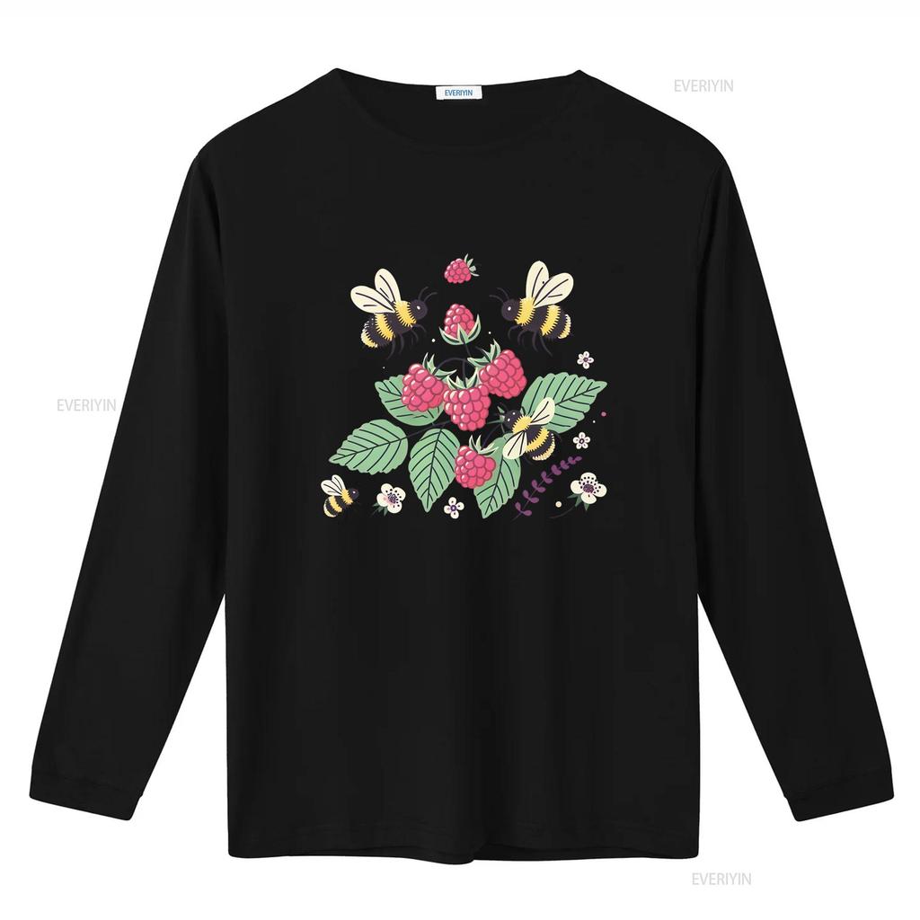 Cute Cartoon Bumblebee Raspberry Wild Floral Nature Print Casual T Shirt vintage Washed Stylish Unisex Stretched Versatile