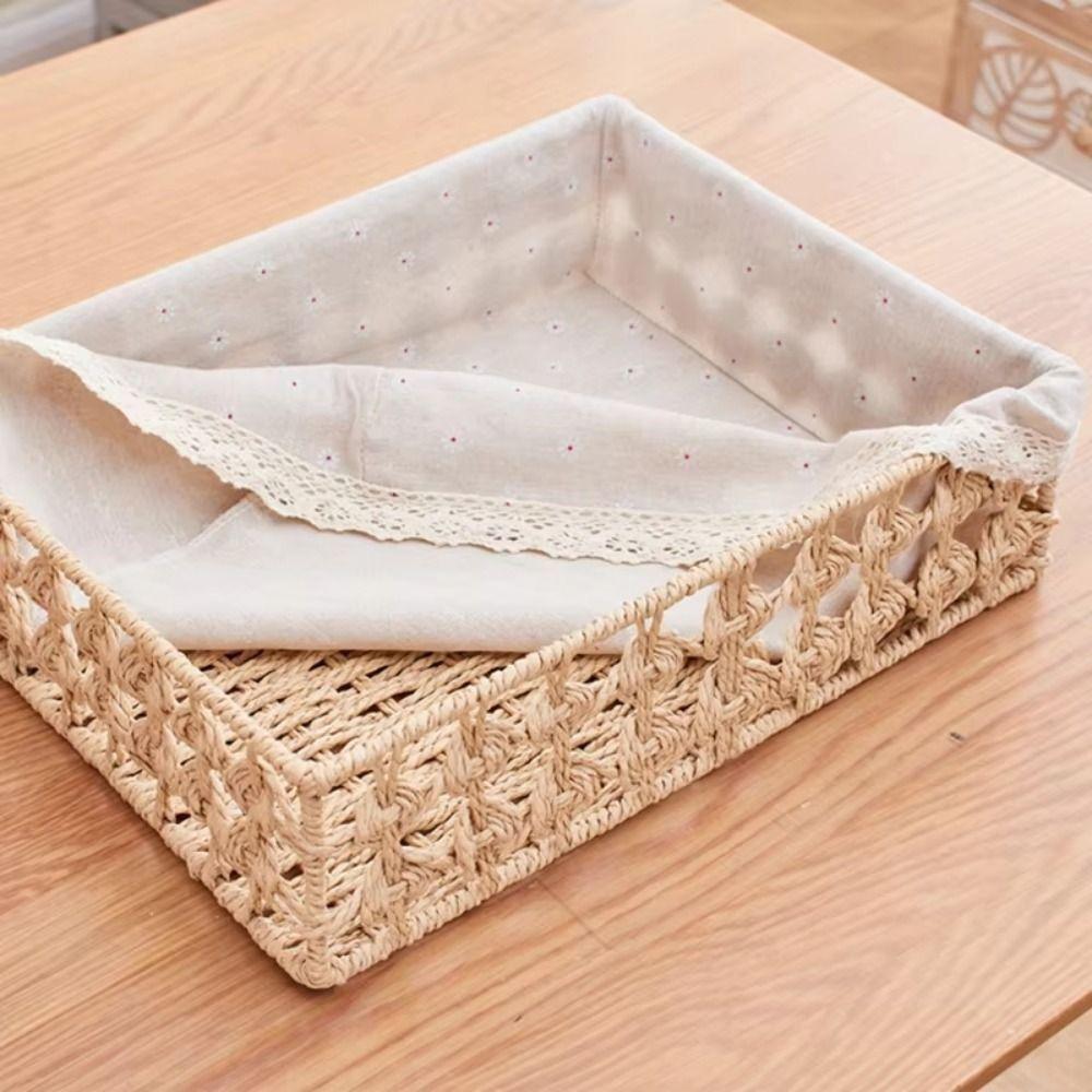 Hand Woven Desktop Weaving Basket Hollow Out Rectangular Cosmetics Organizer Tray Stylish Bohemia Straw Storage Basket Bin