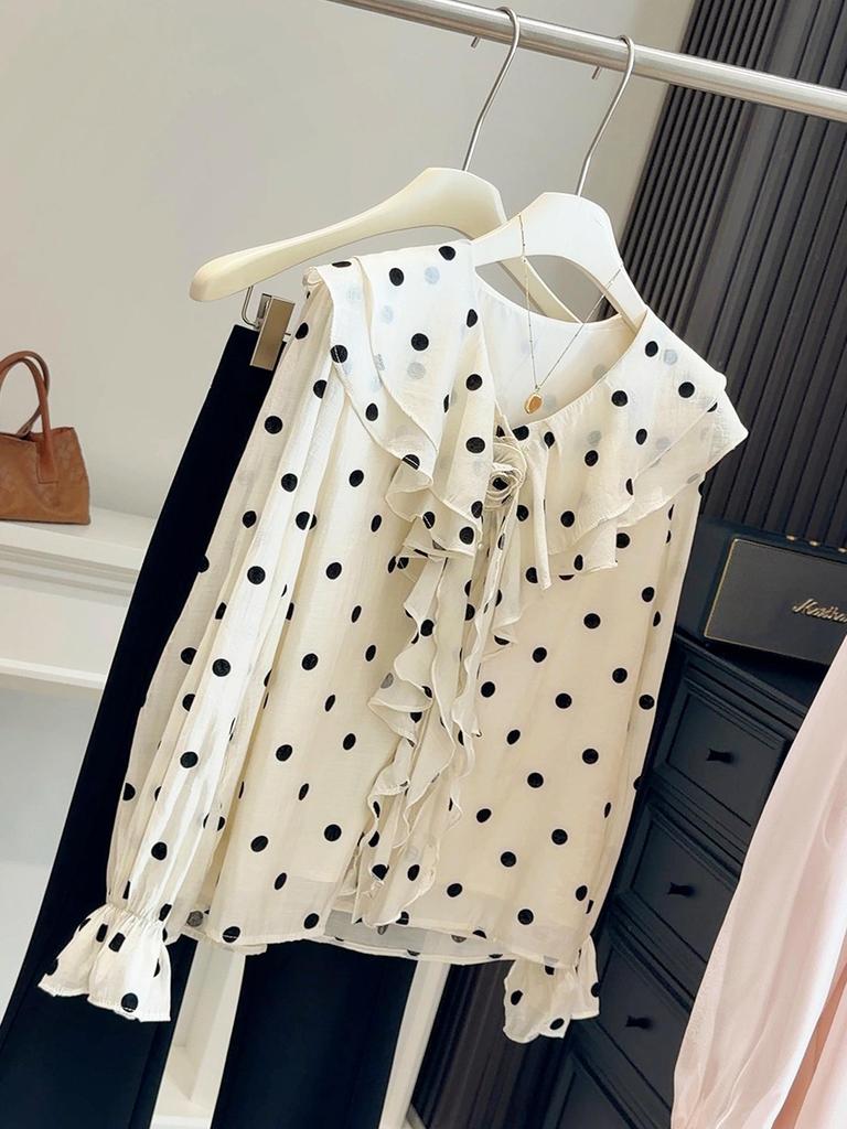 Women's Polka Dot Ruffle Long Sleeve Loose Shirt - French Style, Spring/Autumn