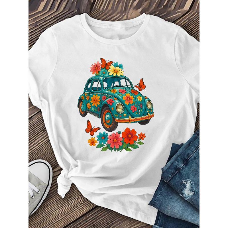 

Женская винтажная футболка с цветочным принтом, мягкая, эластичная, дышащая, бирюзовая, с цветочным принтом, с коротким рукавом, круглым вырезом, машинная стирка, повседневный топ для вечеринок, ретро-дизайн S белый