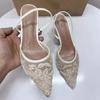 Fashion Designer Embroidered Mesh White Stringbead Heeled Sandals Women Sexy Pointed Toe Slingback Mules High Heels Elegant Party Shoes