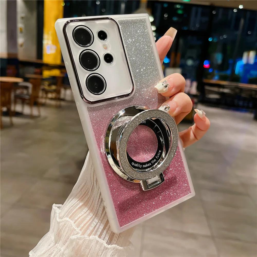 Glitter Magnetic Holder Silicone Case for Samsung S24 S23 S22 S21 Ultra Plus FE A53 A14 A54 A15 A55 iPhone 16 15 14 13 12 11 Pro Max Plus XSMAX XR 8 7