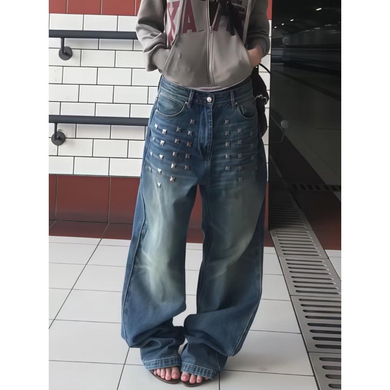 Personalized Street American Retro High-waist Washed Jeans Autumn Trend Rivet Design Wide-leg Trousers Trend