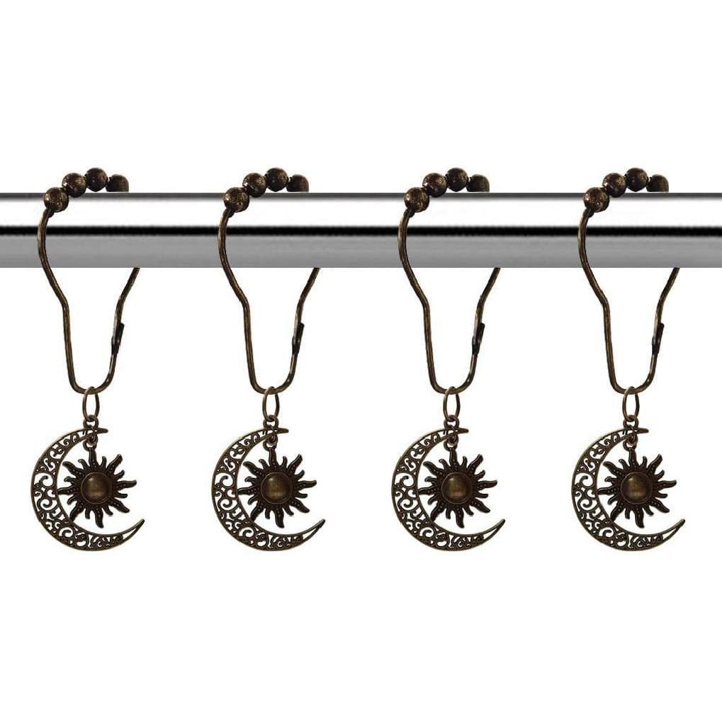 Celestial Shower Curtain Hooks 12 Pcs, Decorative Gold Sun Moon Shower Hooks - Rust Proof Metal Witchy Hanger Bohemian Celestial Bathroom Tub Decor