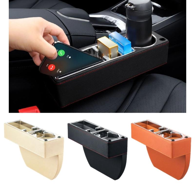 Universal Leather Car Interior Storage Solution For Adjacent Seat Includes Drink Support And Phone Pocket Works With Many Vehicles 30cm X 10cm X 6cm