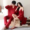 Sexy small suspender shorts nightgown newlywed three-piece set couple spring and autumn ice and snow silk long-sleeved lapel pajamas men