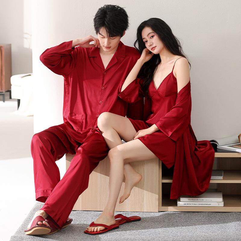 Sexy small suspender shorts nightgown newlywed three-piece set couple spring and autumn ice and snow silk long-sleeved lapel pajamas men