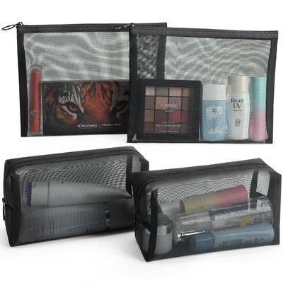 Besharppin Mesh Cosmetic Pack of Solid Flat and for Cosmetics and Small Perfect for Business Trips and Travel Pouch, 4, Color, Square, Items, (Black)