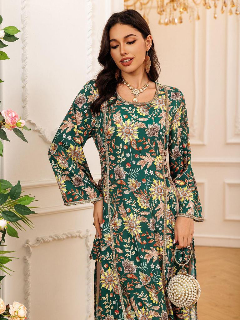 AB439 Middle Eastern Women's Diamond-Studded Fashion Print Jalabiya Robe