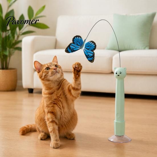 Electric Butterfly Cat Toy Wand, Rechargeable Interactive Wand Toy, 360 Spinning Self-Play Indoor Pet Enrichment Supplies with 2 Modes, Suction