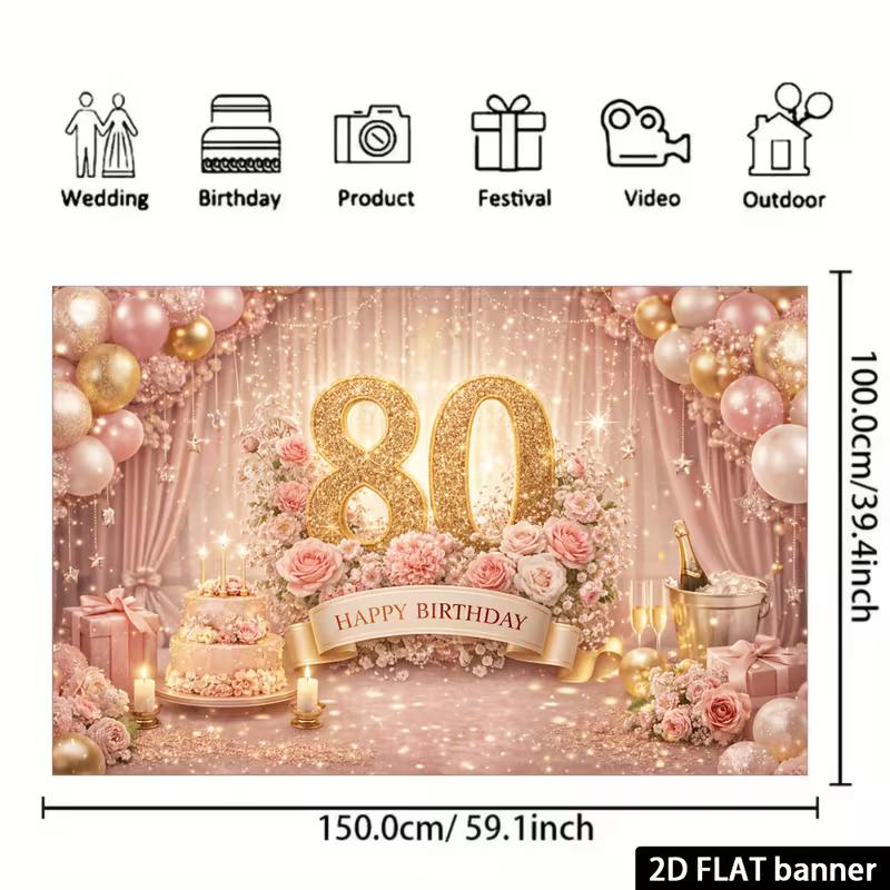 Tapiz de Pared 2D Oro Rosa Floral para 80 Cumpleaños Tela de Fondo