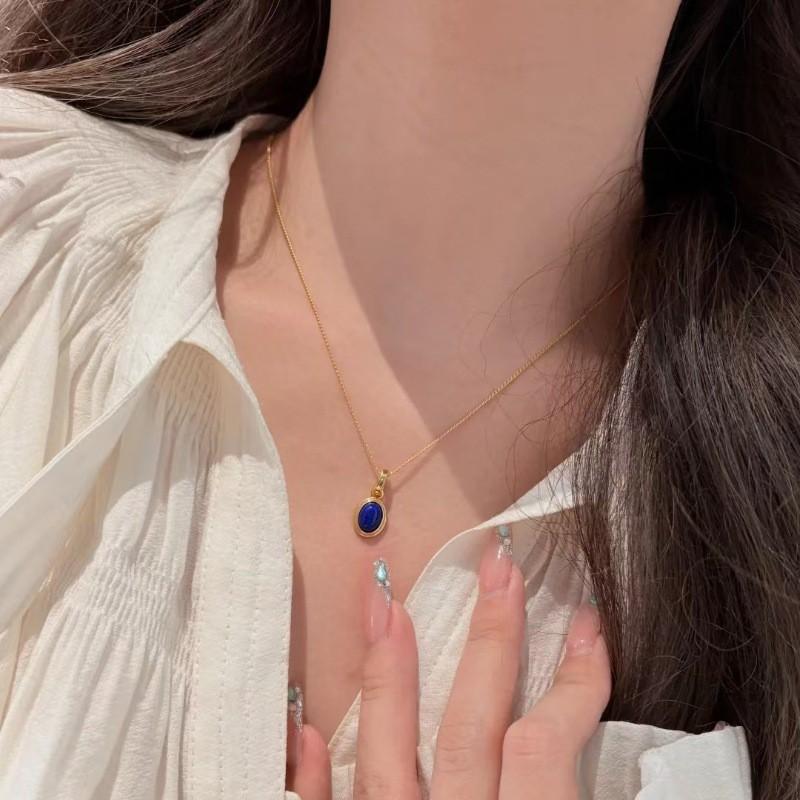 Vintage Oval Lapis Lazuli Necklace Earring Set Women Retro Geometric Alloy Jewelry With O-Link Chain