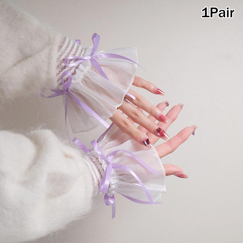 1Pair Nail Art Lace Tulle Photo Glove Fake Pleated Cuff Ribbon Bow Manicure Photography Props Nail Tips Display Lolita Sleeves