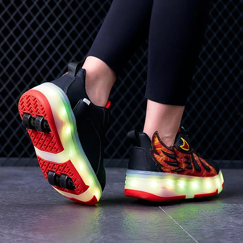 28-37 Children's Four-wheel Disassembly Into Flat Sports Shoes LED Illuminated Children's Illuminated Sports Shoes