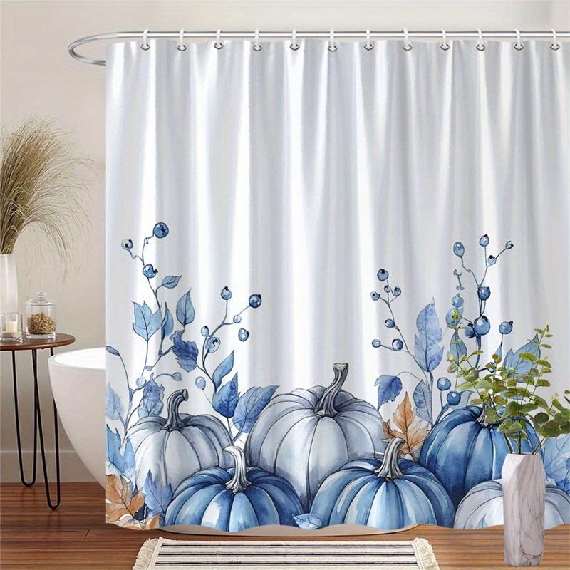 

1pc Blue and White Pumpkin Shower Curtain - Realistic watercolor design with green stems and berries, Machine washable polyester 90X180cm