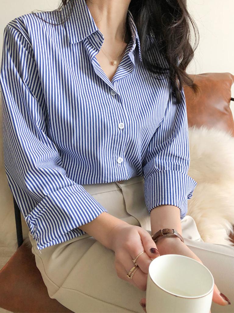 Casual Striped Shirt for Women Long-sleeved Loose Professional Shirt Blue Cardigan Tops Female Clothing Autumn