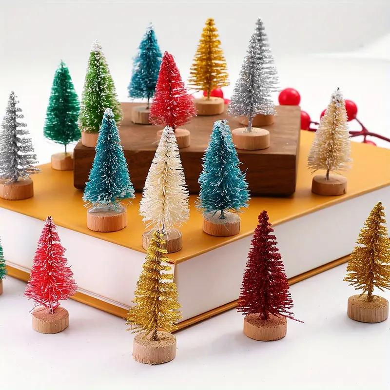 10-100PCS Mini Christmas Bottle Brush Trees Village Ornaments Plastic Trees with Wooden Base Miniature Xmas Tree Decorations Set