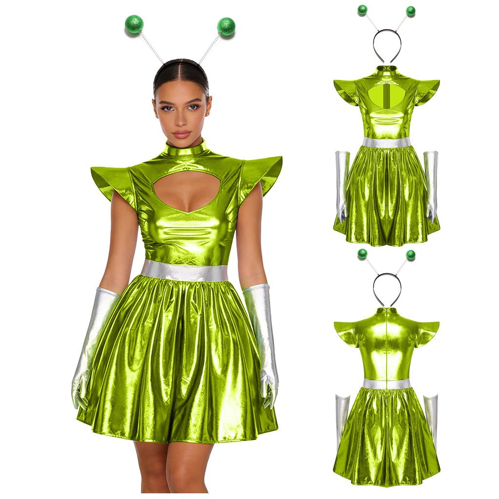 Womens Alien Astronaut Cosplay Dress with Gloves and Hair Loop Set Cutout Neck Metallic Shiny Dress for Halloween Spaced Themed Party