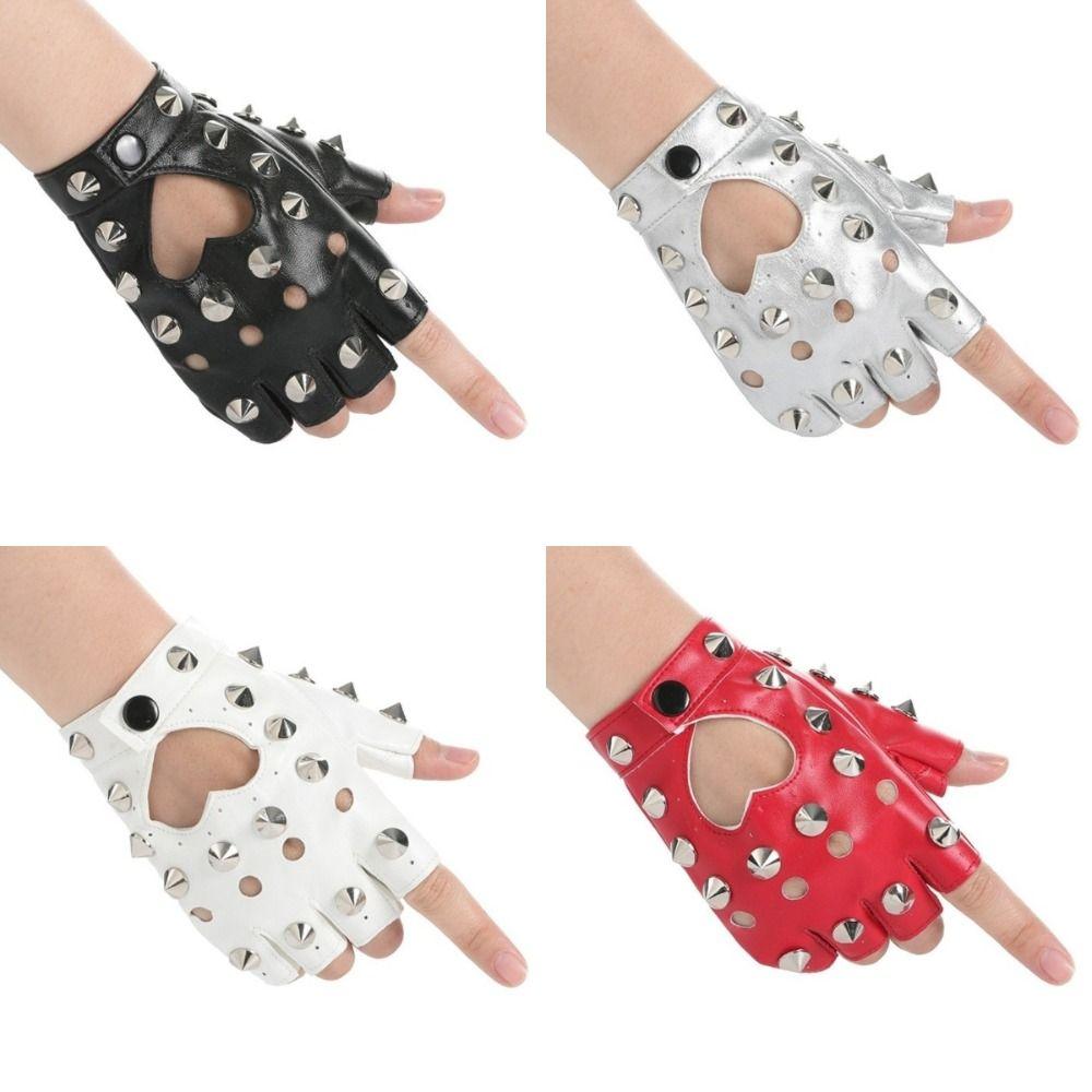 Edgy Fingerless Gloves Studded Details Half Finger Gloves Studded Leather Gloves  Hip-Hop