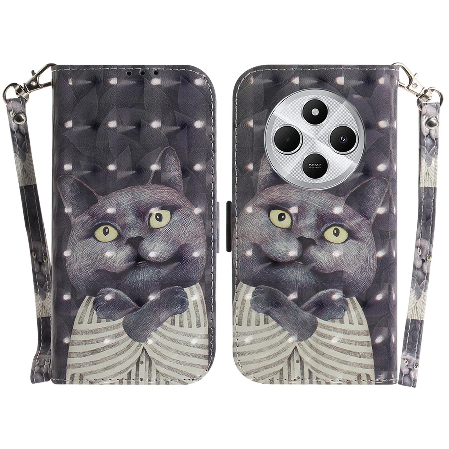 

For Xiaomi Poco C75 4G/Redmi 14R 5G/14C 4G Case Pattern Printing Leather Wallet Phone Cover with Wrist Strap Embracing Cat