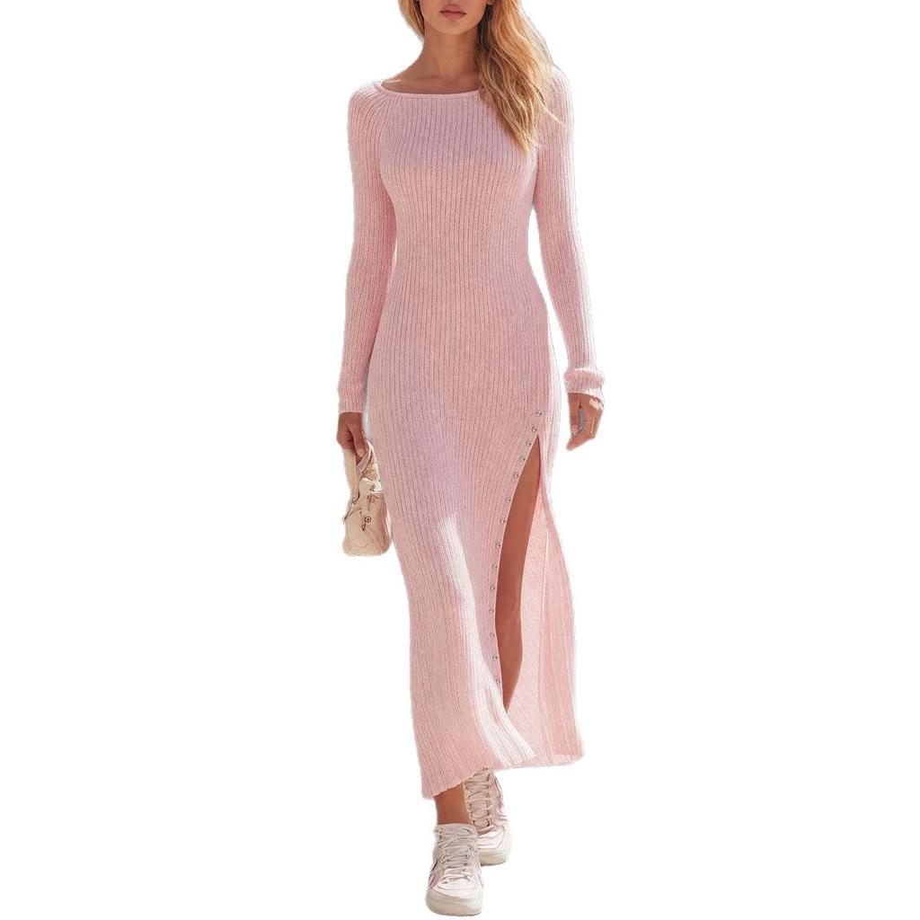 European and American Spice Girls One-Neck Knitted Dress Long Sleeve Elastic Slim Side Split Metal Buckle Long Skirt