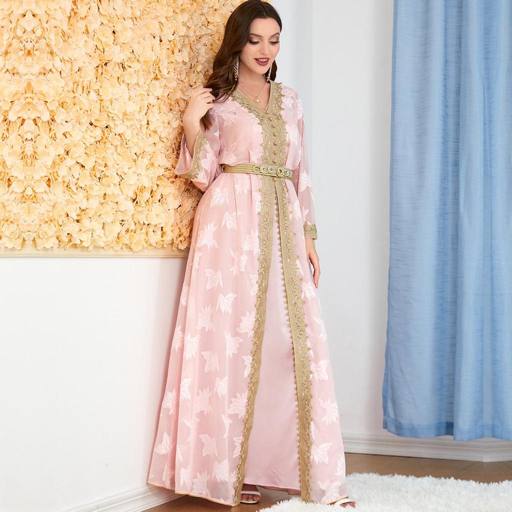 Women's V-neck Long Sleeve Middle Eastern Abaya Two-Piece Set Dress