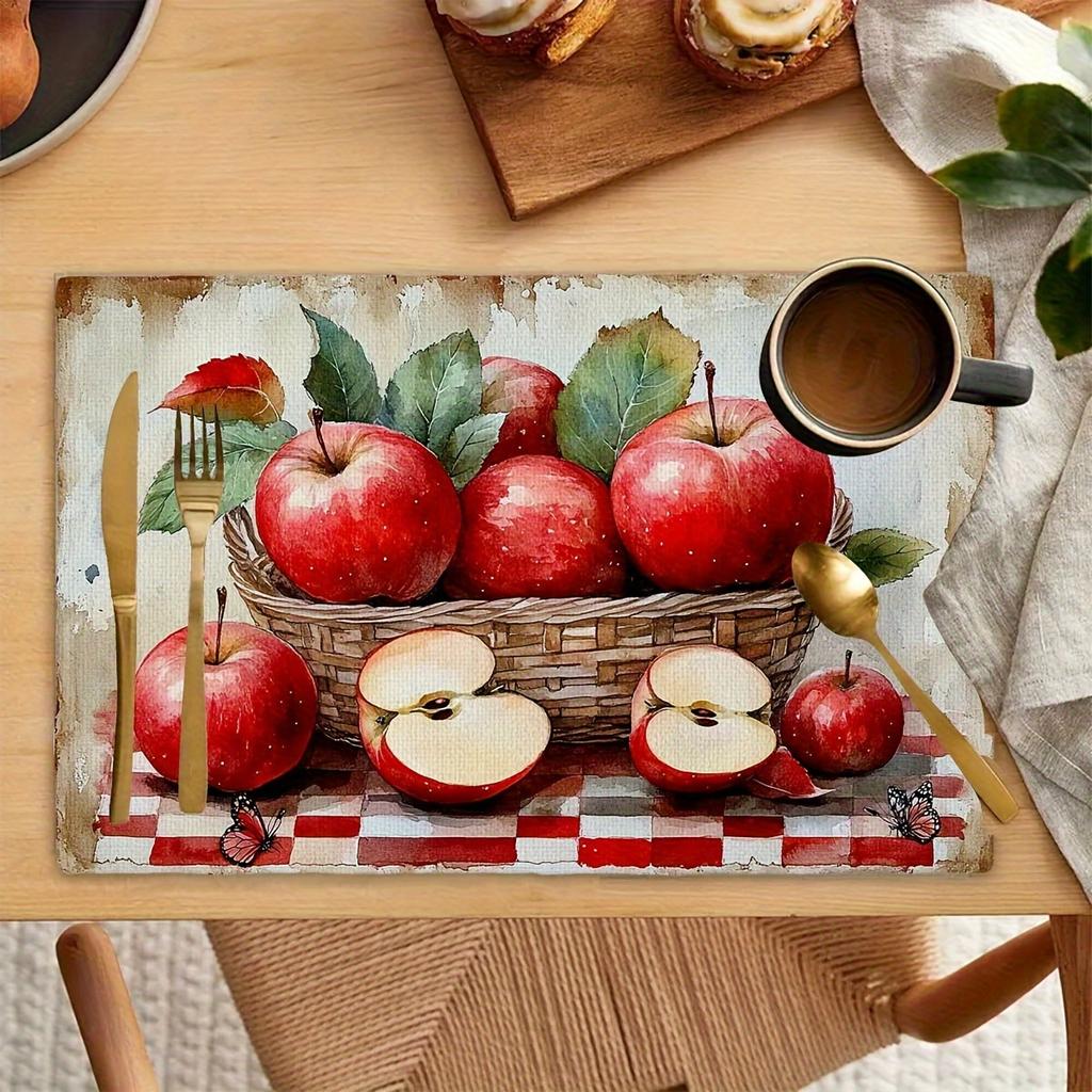 4pcs Apple-Themed Placemat Set - & Green Apple Design Linen Table Mats, 12x18 Inch Large Dining Table Protectors Suitable for Kitchen, Dining Room