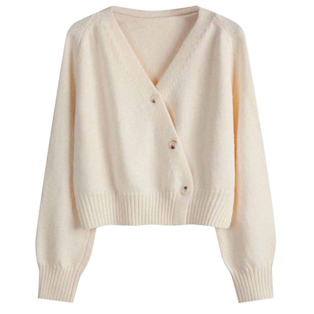 Women's Solid Color V-neck  Breasted Short Loose Cardigan Sweater Jacket
