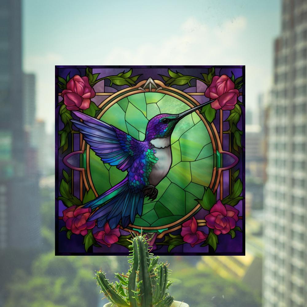 Retro Colorful Hummingbird Iris Window Glass Electrostatic Sticker Detachable Decorative Film Home Decoration