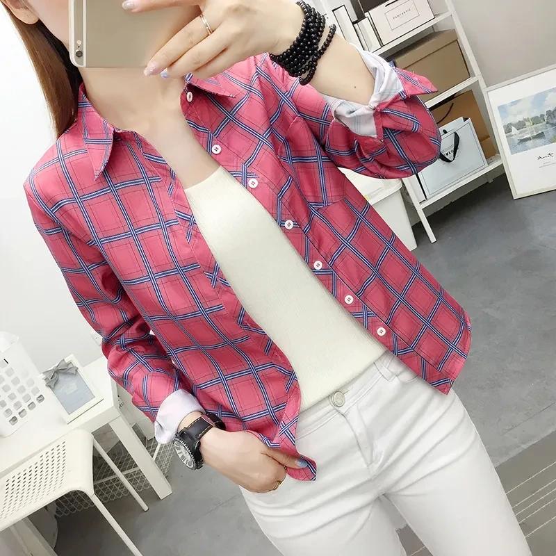 Damen Frühling und Herbst Langarm Plaid Revers Shirt Korean Retro Casual Bottoming Shirt