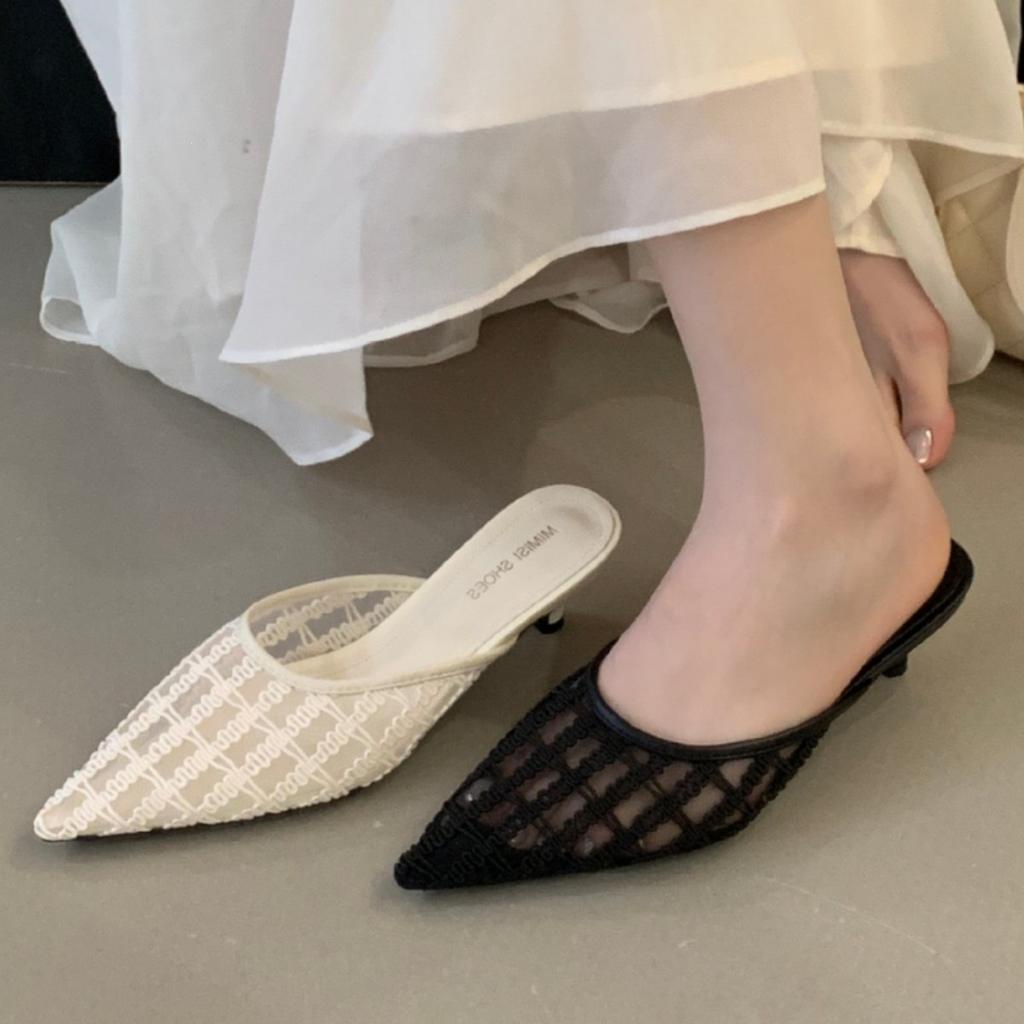 French Fairy Breathable Mesh Lace Bag Head Sandals Female Summer Kitten Heel Empty Single Shoes