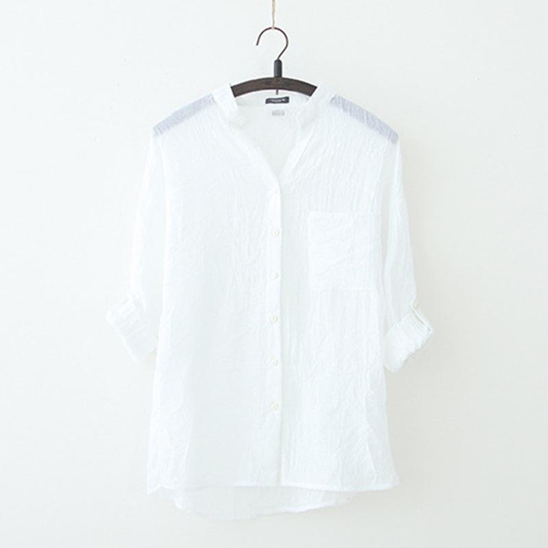 Summer Sunscreen Japanese Cotton Linen Stand Collar Blouse