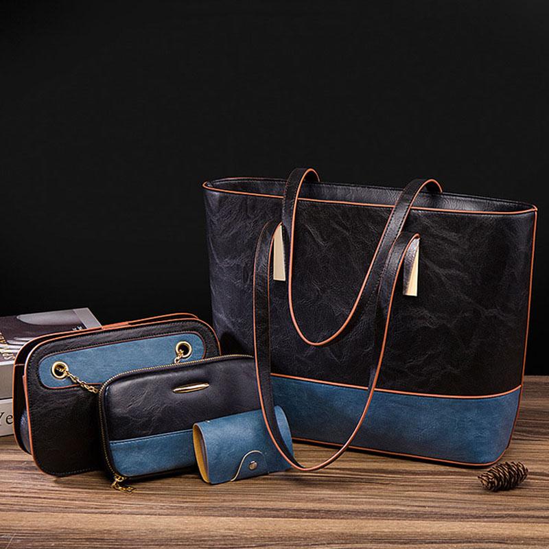 New Women Composite Handbag Premium Texture Large Capacity Shoulder Bag Fashion Retro Color Contrast Soft PU Leather Totes