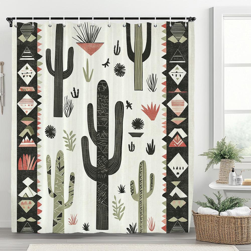 1pc Tropical Plant Cactus Shower Curtain, Bohemian style Bathroom Decorative Curtain, Printed Polyester Home Curtain with Hooks