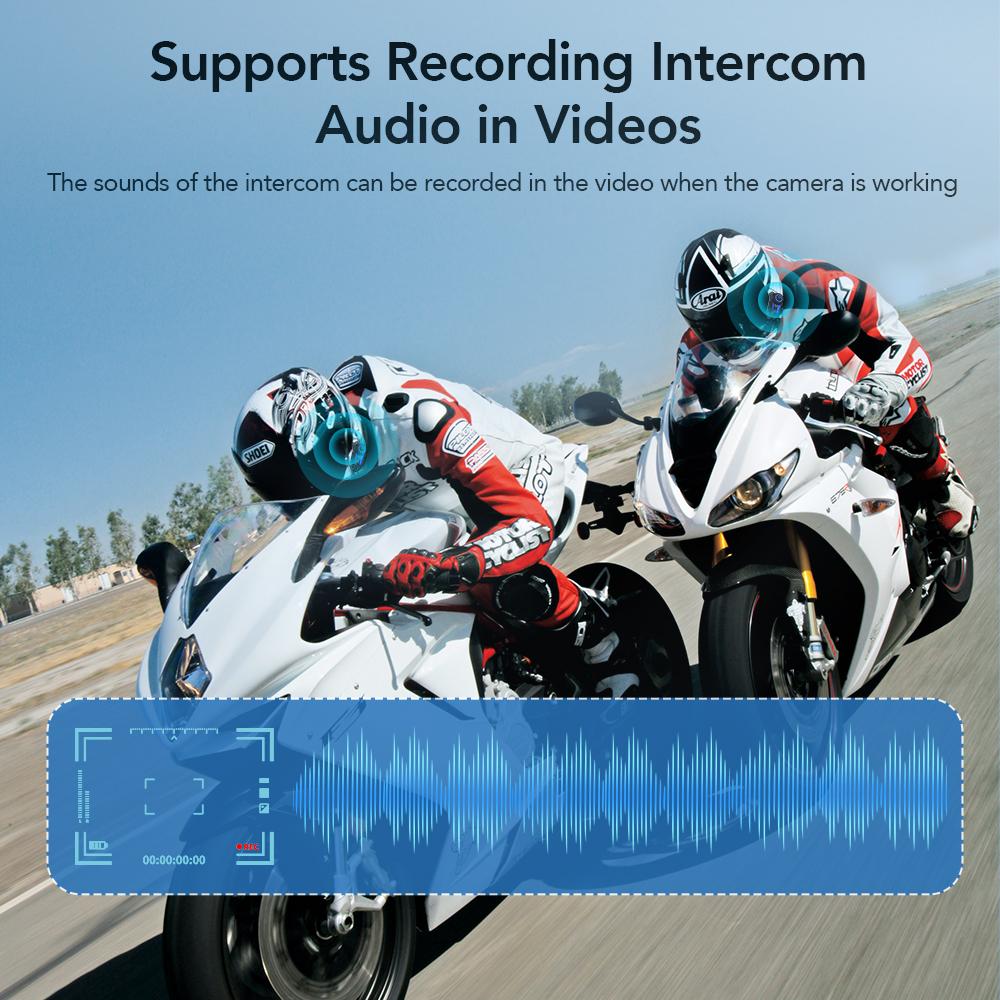 Motociklo šalmo „Bluetooth 5.1“ domofonas su 2K HD kamera, FM radiju, 10 W, USB C, greitas įkrovimas, 6 motociklininkams, 1500 m