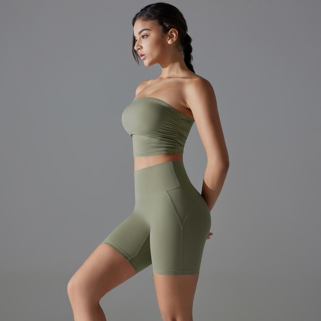 One Piece Pleated Strapless, High Waisted, Hip Lifting, Zero Sensation, No Underwear, Sports Shorts, Fitness Yoga Suit For Women