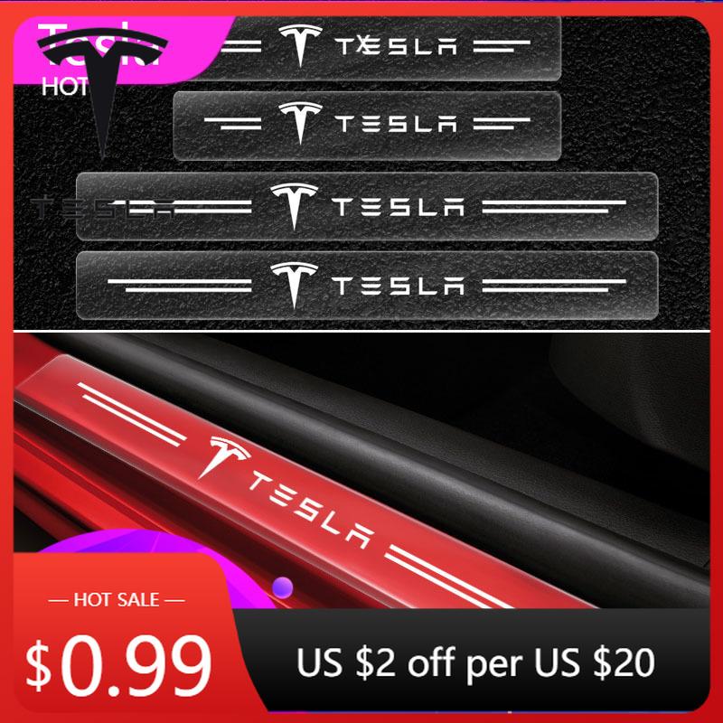 Bilklistermärke 2025 Ny Tesla 4 st Biltröskelskydd Genomskinligt Dekorativt Märkesklistermärke Biltillbehör för Tesla Model 3