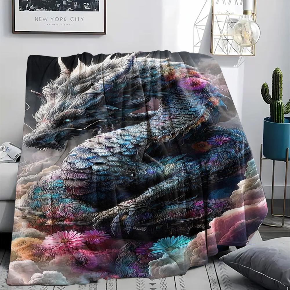 1Pc Fantasy Dragon Print Flannel Blanket, High Quality Comfortable for All Seasons, Home Decor, Warmth and Comfort, Perfect for Gifts